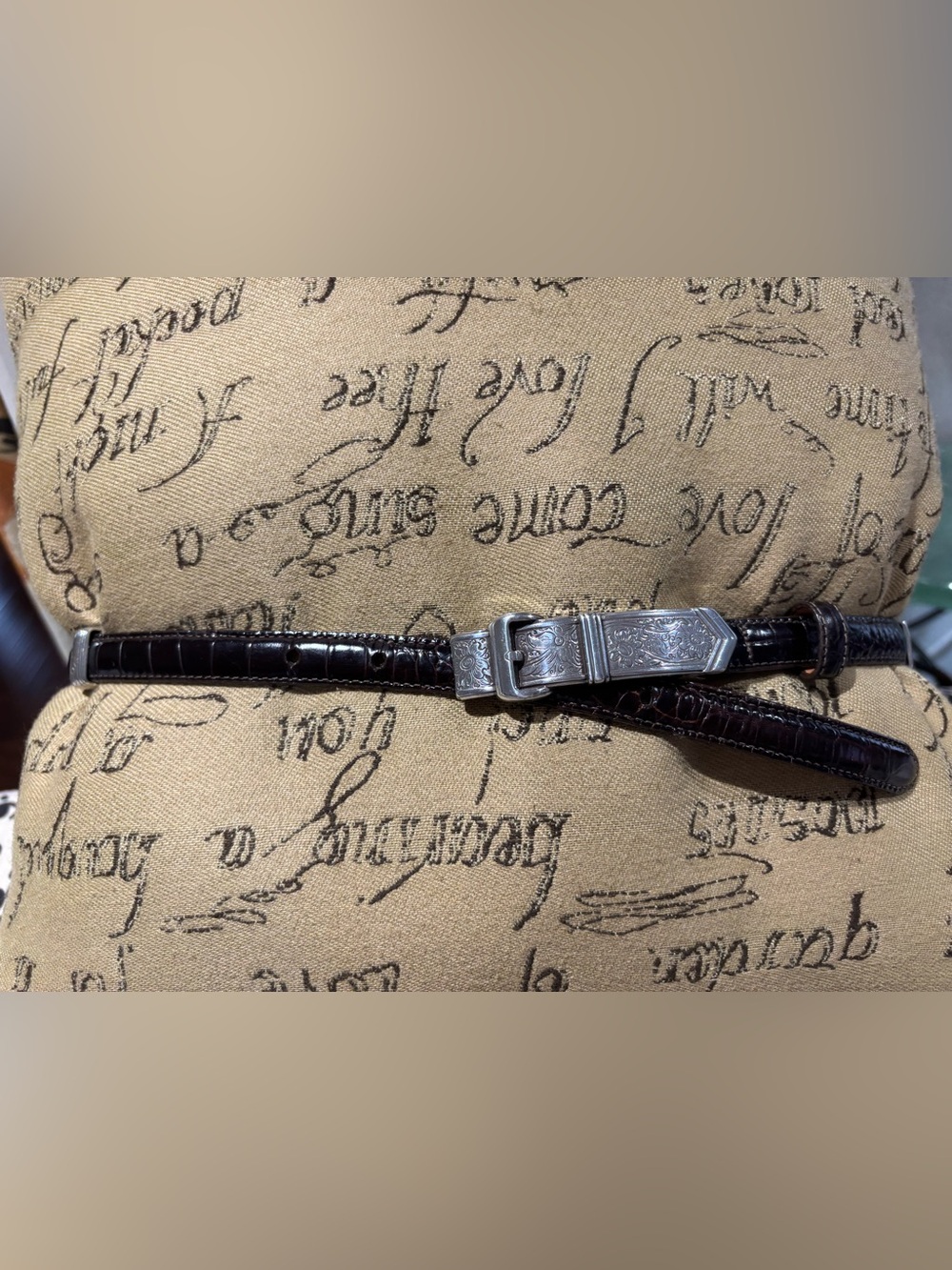 Women’s Dark Brown Croc-Embossed Leather Belt with Engraved Silver Buckle